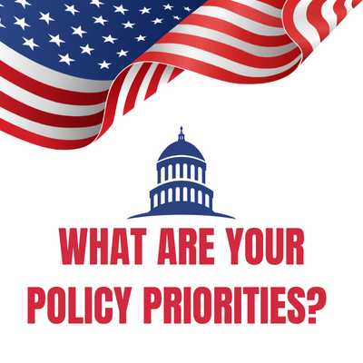 Image with US flat and capitol dome with text saying what are your policy priorities?